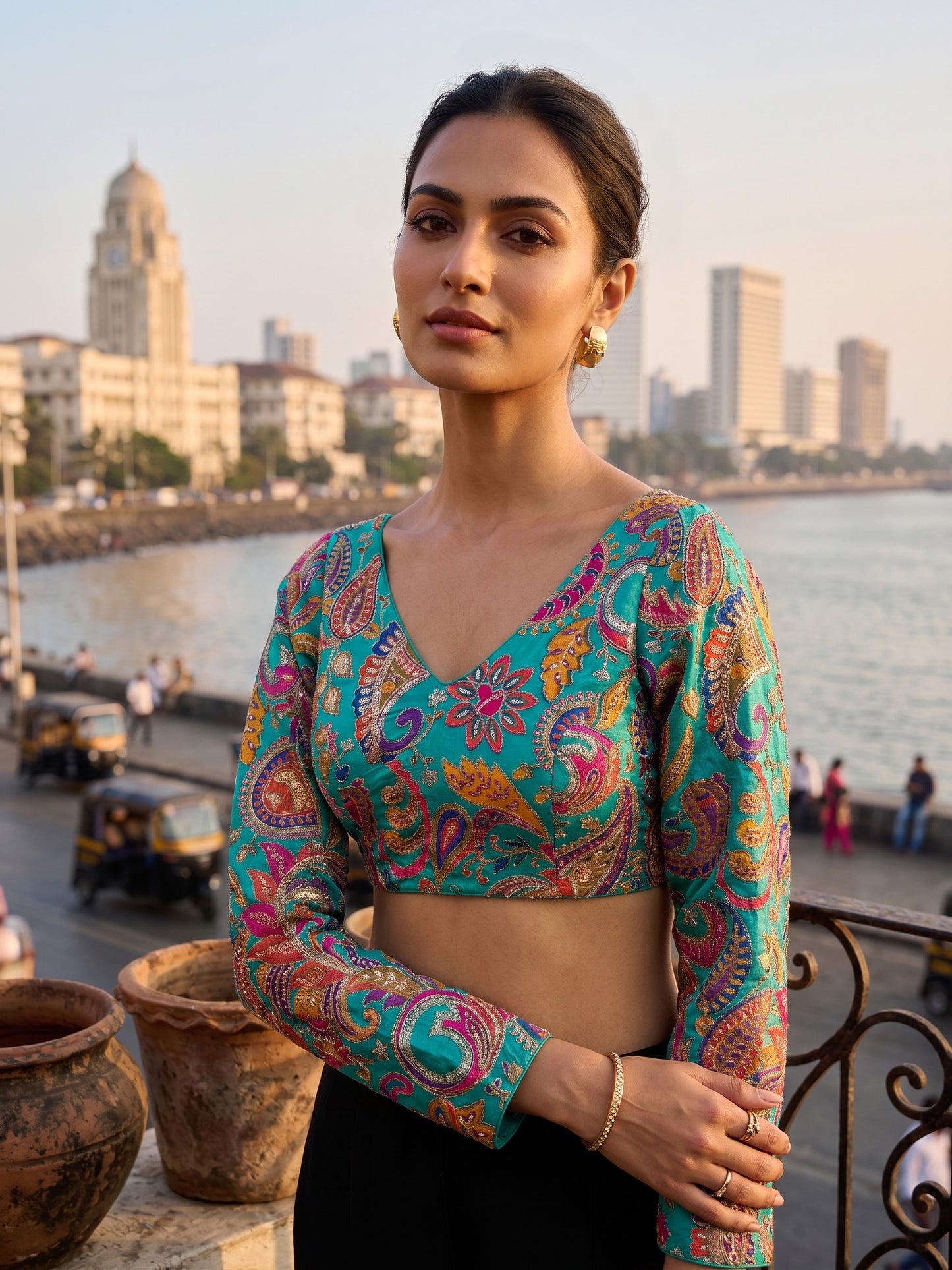 Women Teal Embroidered Blouse