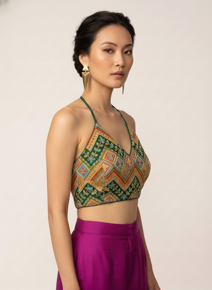 Embroidered Bottle Green Saree Blouse