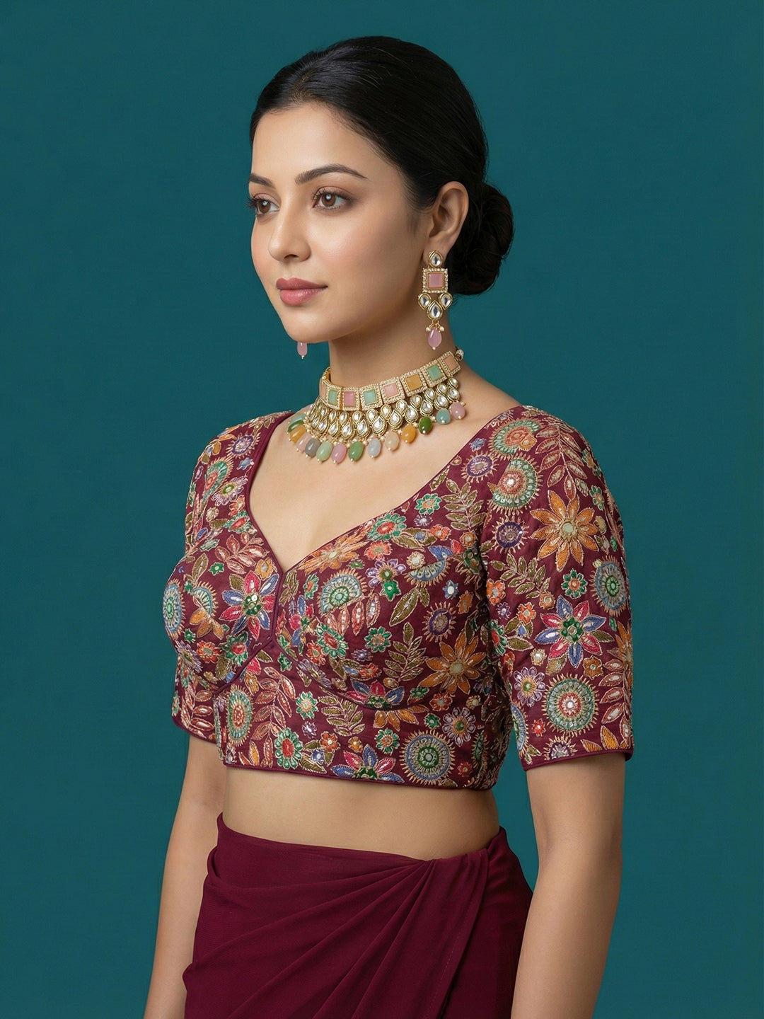 Embroidered Purple Saree Blouse