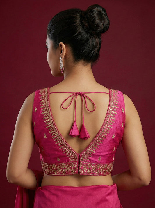 Silk Embroidered Dark Rani Saree Blouse