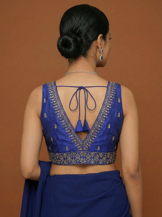 Silk Embroidered Royal Blue Saree Blouse