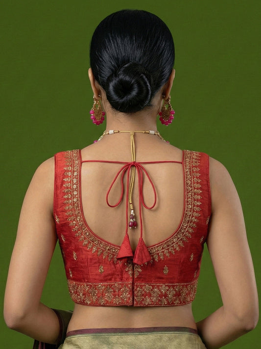 Silk Embroidered Red Saree Blouse