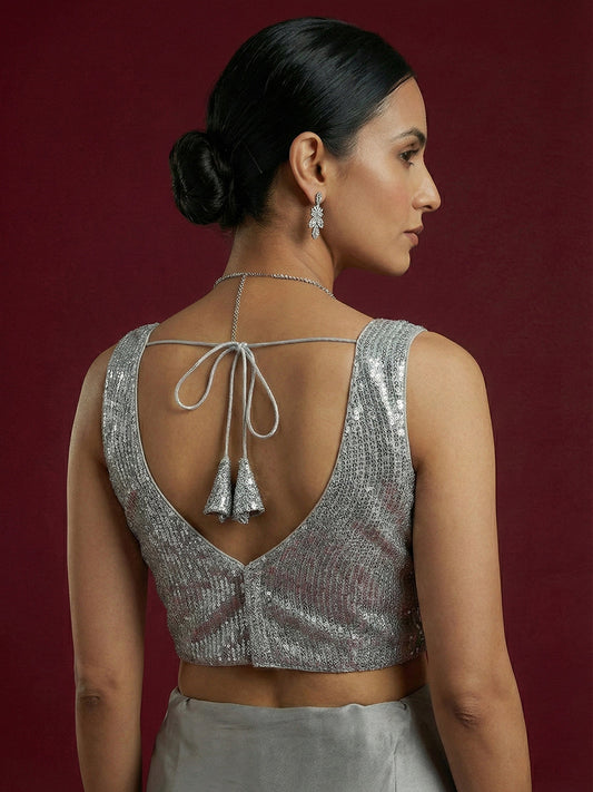 Embellished Silver Saree Blouse