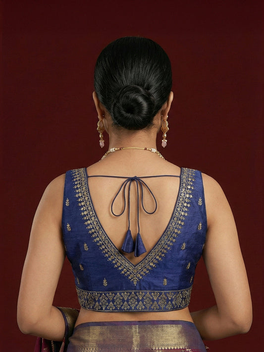 Silk Embroidered Navy Blue Saree Blouse