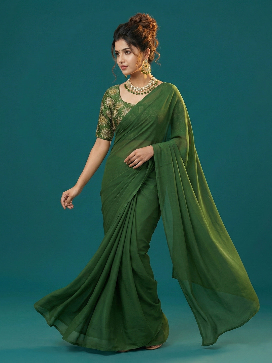 Satin Bottle Green Brocade Blouse