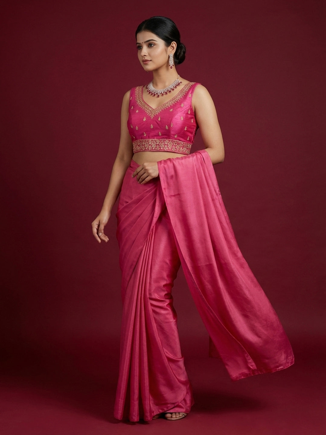 Silk Embroidered Dark Rani Saree Blouse