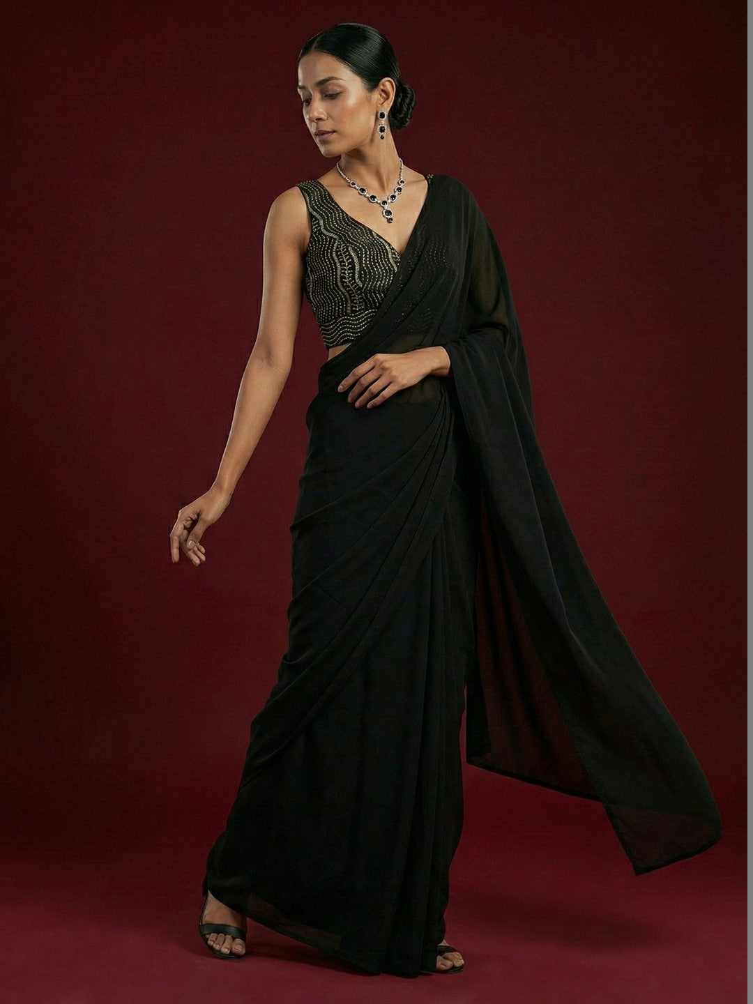 Satin Black Embroidered Blouse