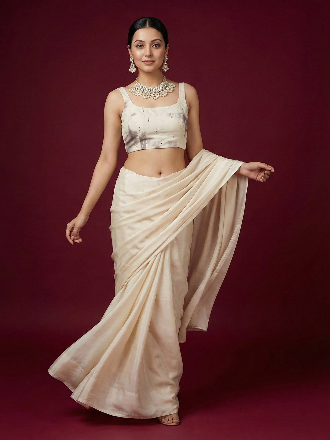 Tie-Dye Grey Embroidered Saree Blouse