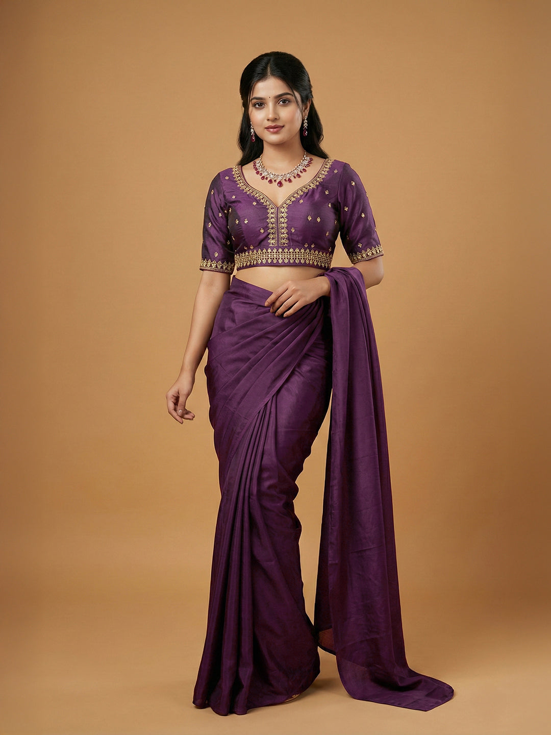 Women's Purple Capri Silk Embroidered Saree Blouse
