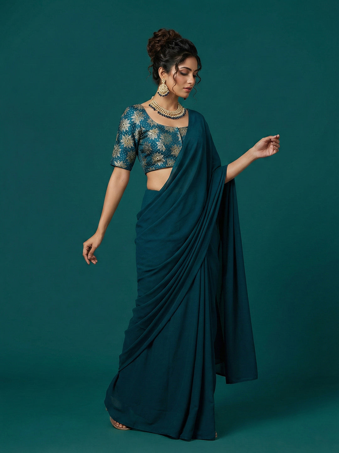 Satin Navy Brocade Blouse