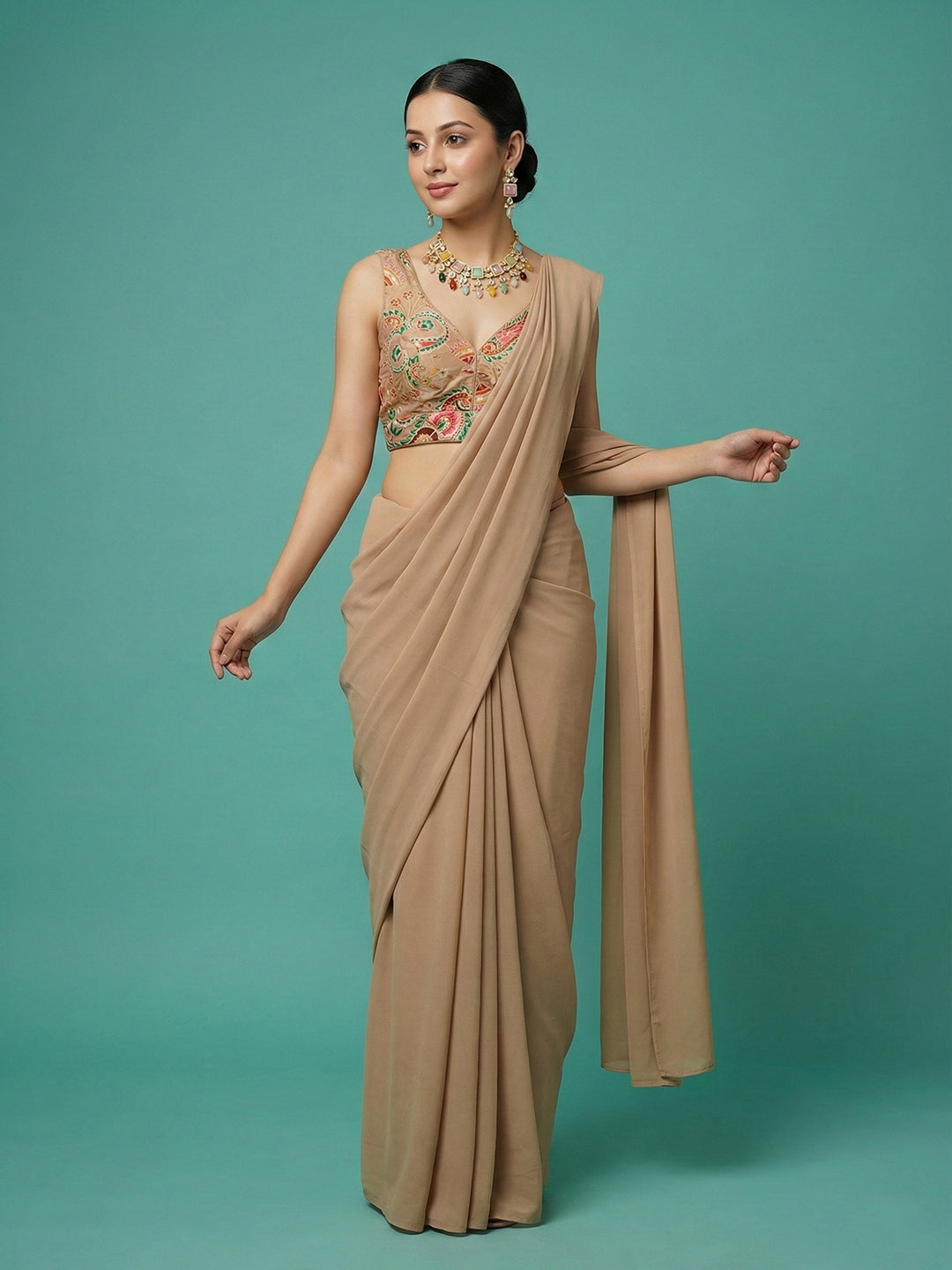 Designer Dark Beige Embroidered Saree Blouse