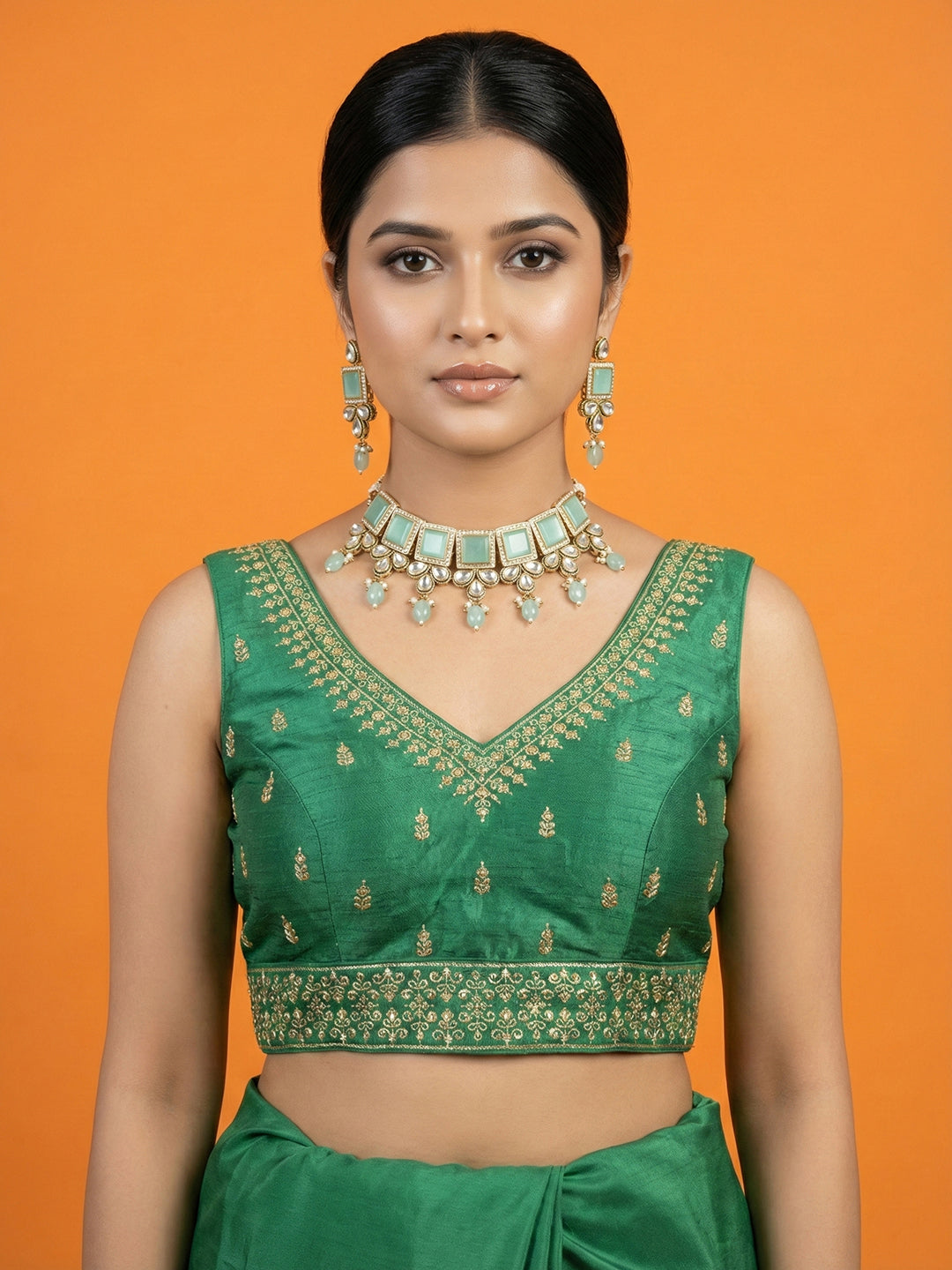 Silk Embroidered Bottle Green Saree Blouse