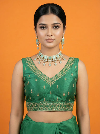 Silk Embroidered Bottle Green Saree Blouse