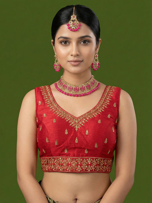 Silk Embroidered Red Saree Blouse