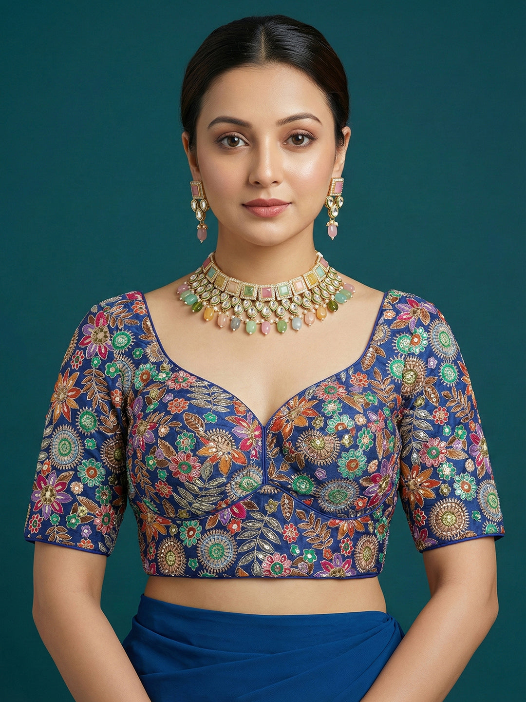Embroidered Blue Saree Blouse