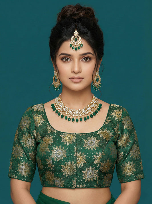 Satin Dark Green Brocade Blouse