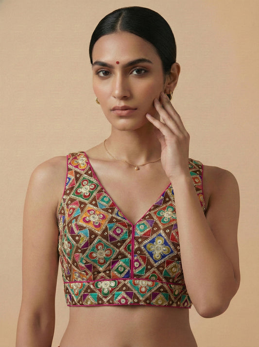 Viraasat Brown Embroidered Designer Saree Blouse