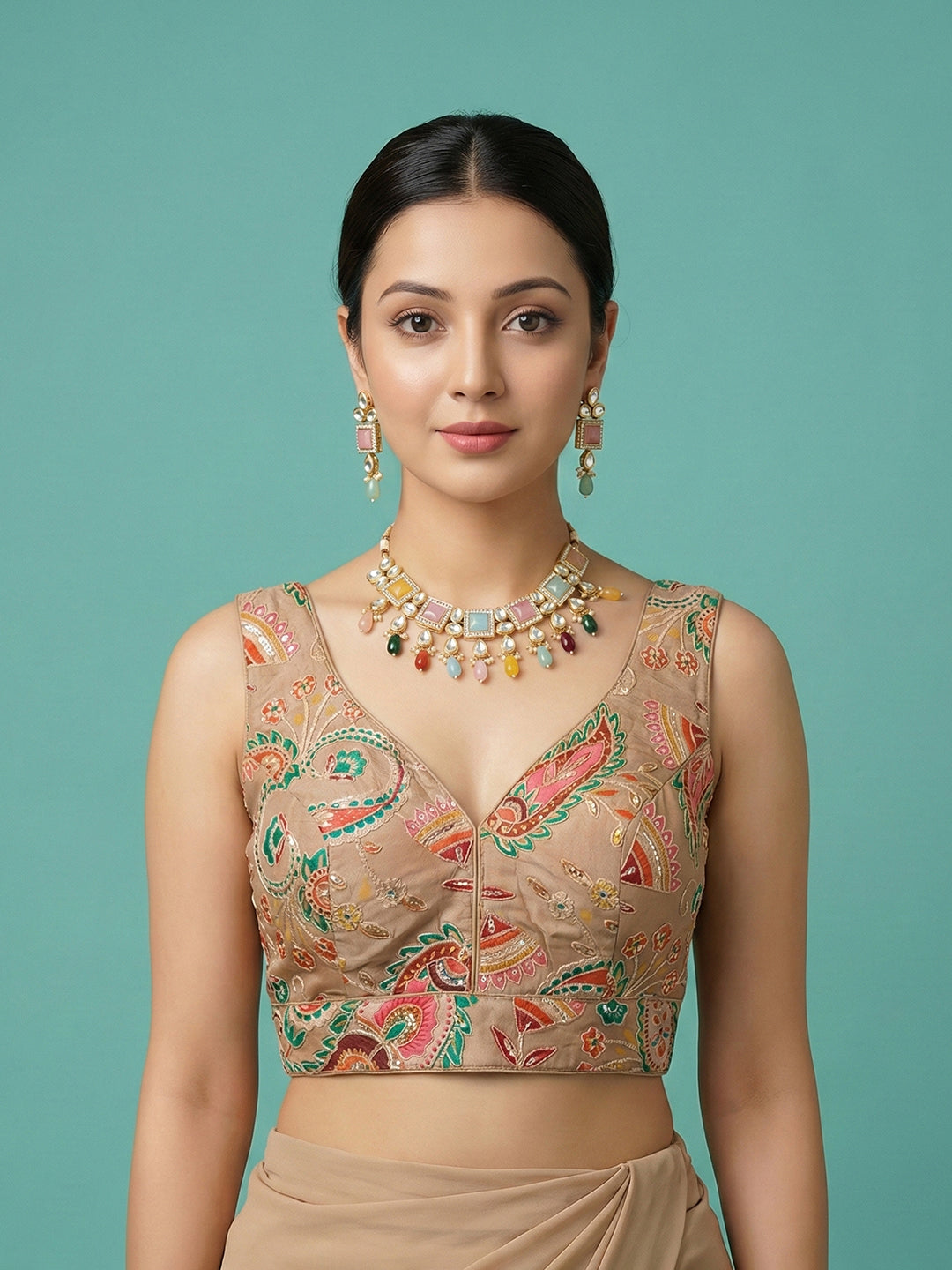 Designer Dark Beige Embroidered Saree Blouse
