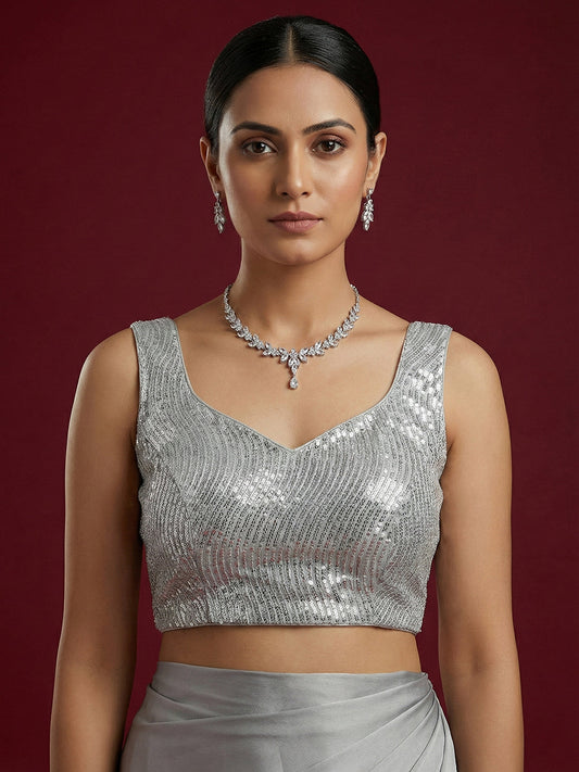 Embellished Silver Saree Blouse