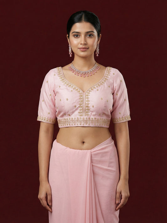 Women's Pink Capri Silk Embroidered Saree Blouse