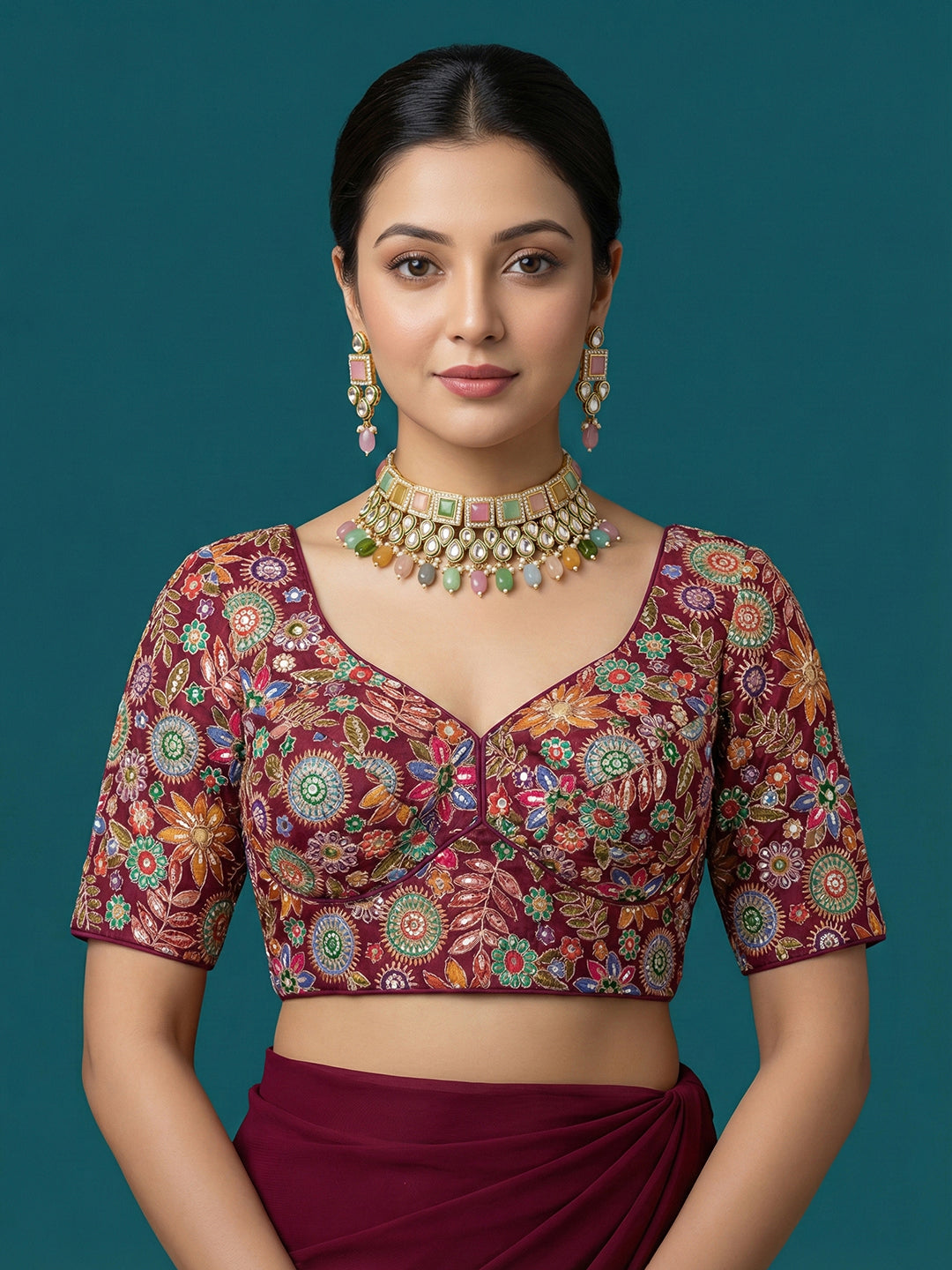 Embroidered Purple Saree Blouse