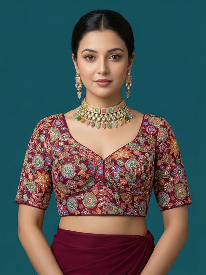 Embroidered Purple Saree Blouse