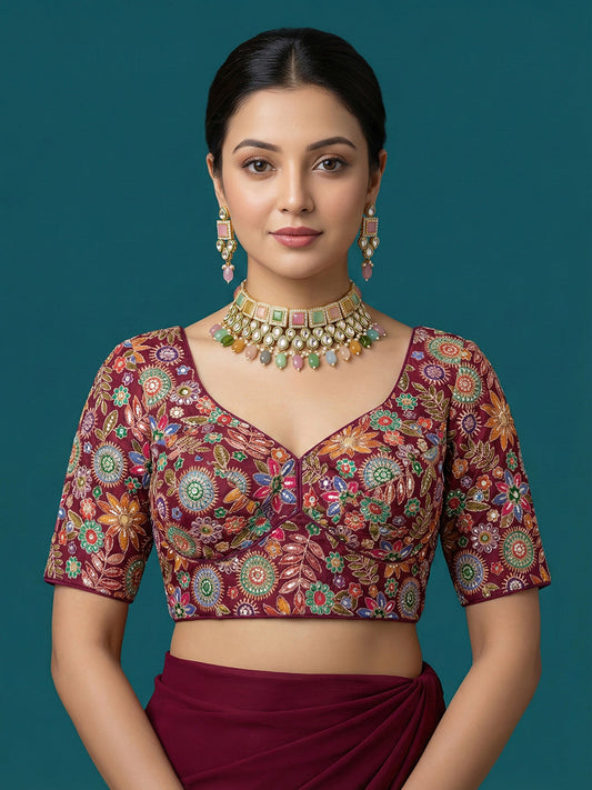 Embroidered Purple Saree Blouse