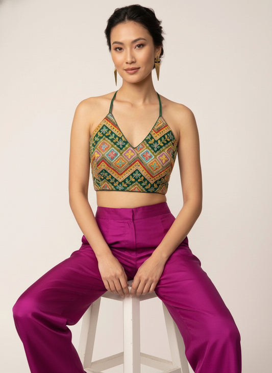 Embroidered Bottle Green Saree Blouse