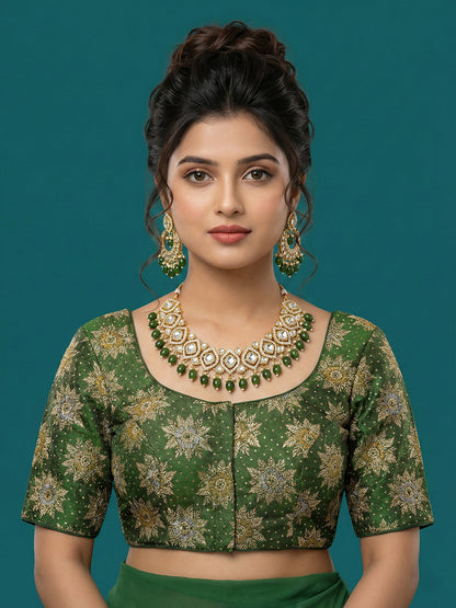 Satin Bottle Green Brocade Blouse