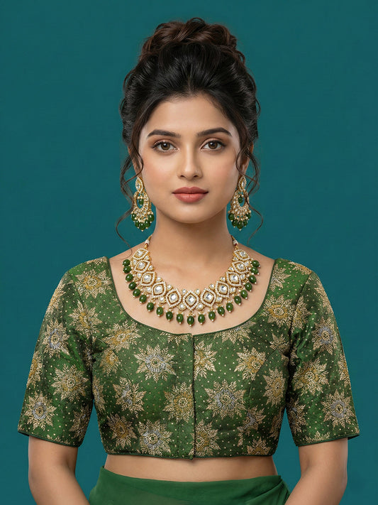 Satin Bottle Green Brocade Blouse