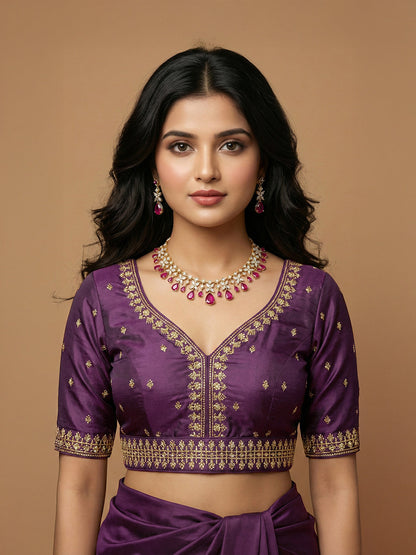 Women's Purple Capri Silk Embroidered Saree Blouse