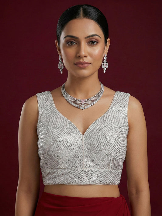 Embellished Silver Saree Blouse