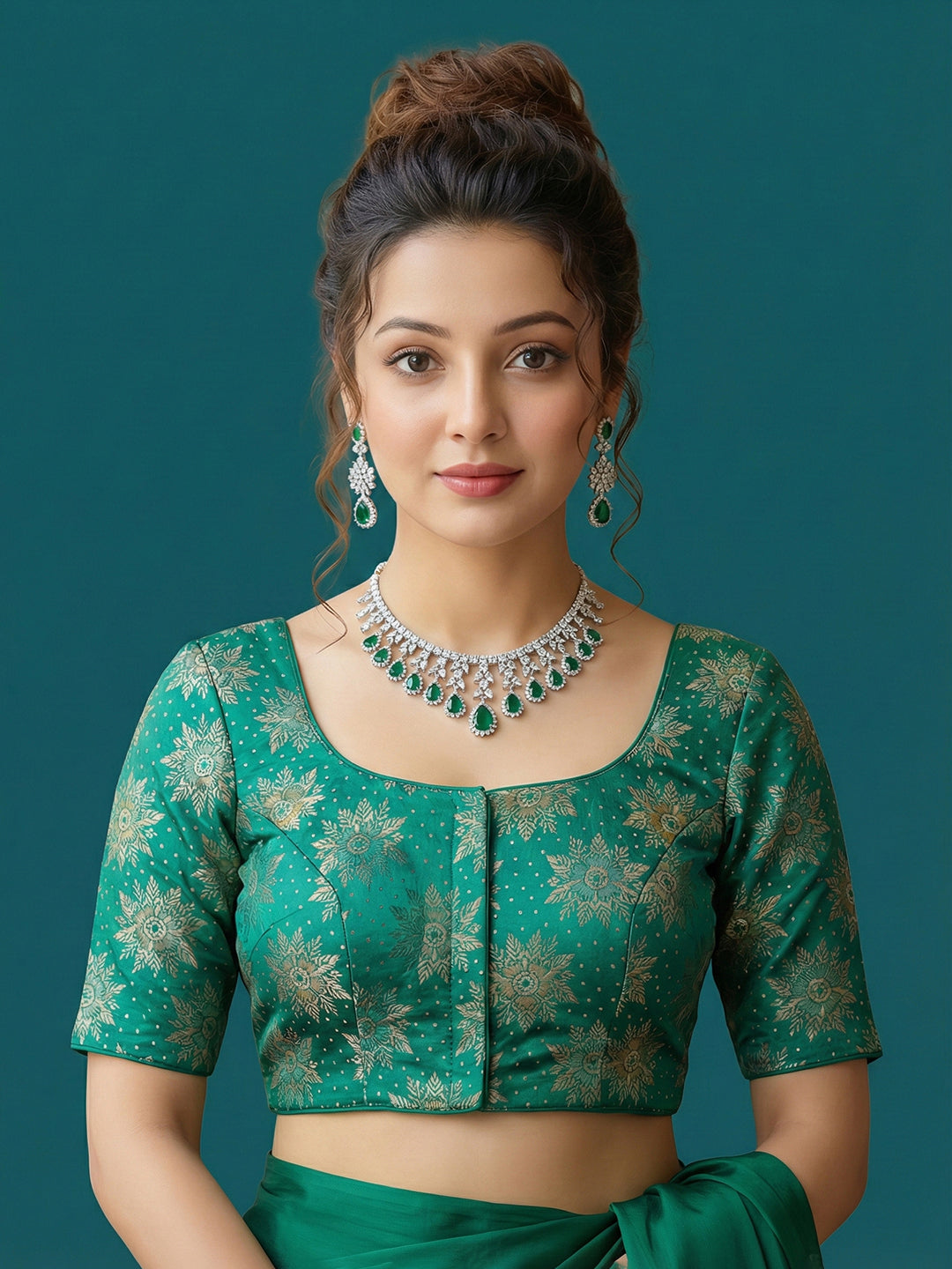 Satin Emerald Green Brocade Blouse