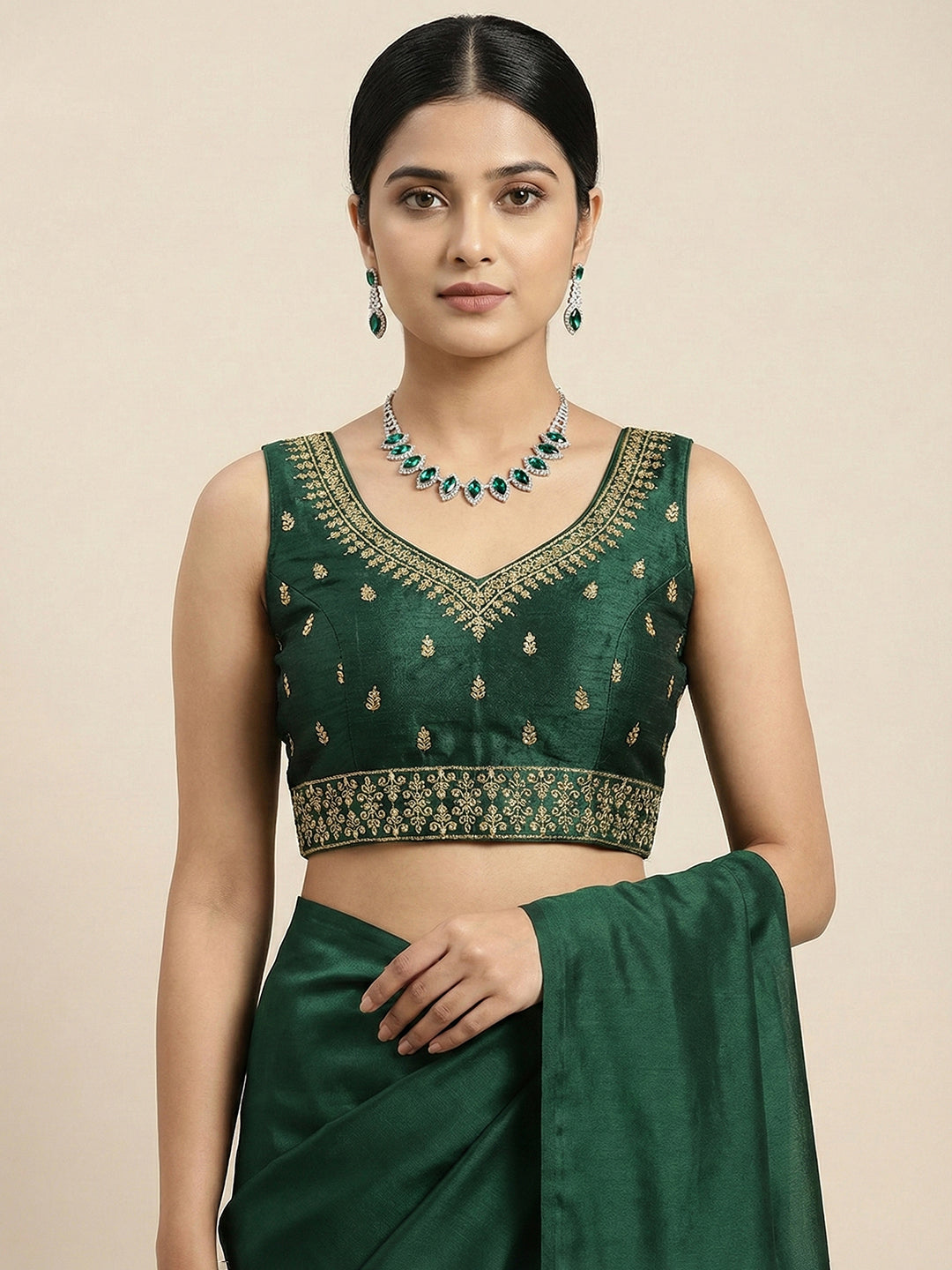 Silk Embroidered Green Saree Blouse