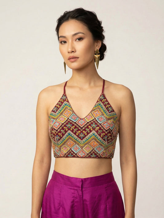 Embroidered Maroon Saree Blouse