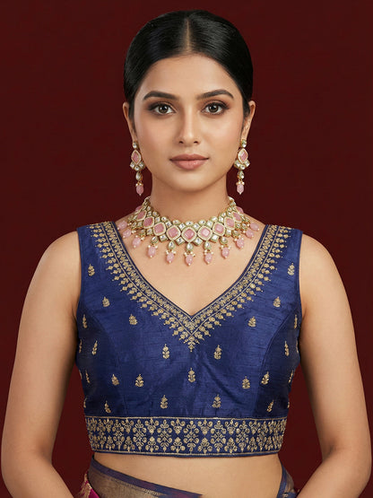 Silk Embroidered Navy Blue Saree Blouse