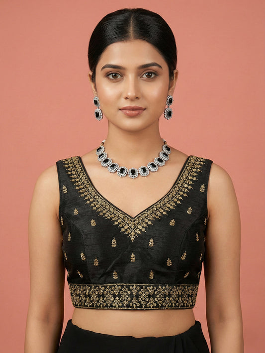Silk Embroidered Black Saree Blouse