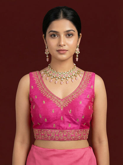 Silk Embroidered Light Rani Saree Blouse