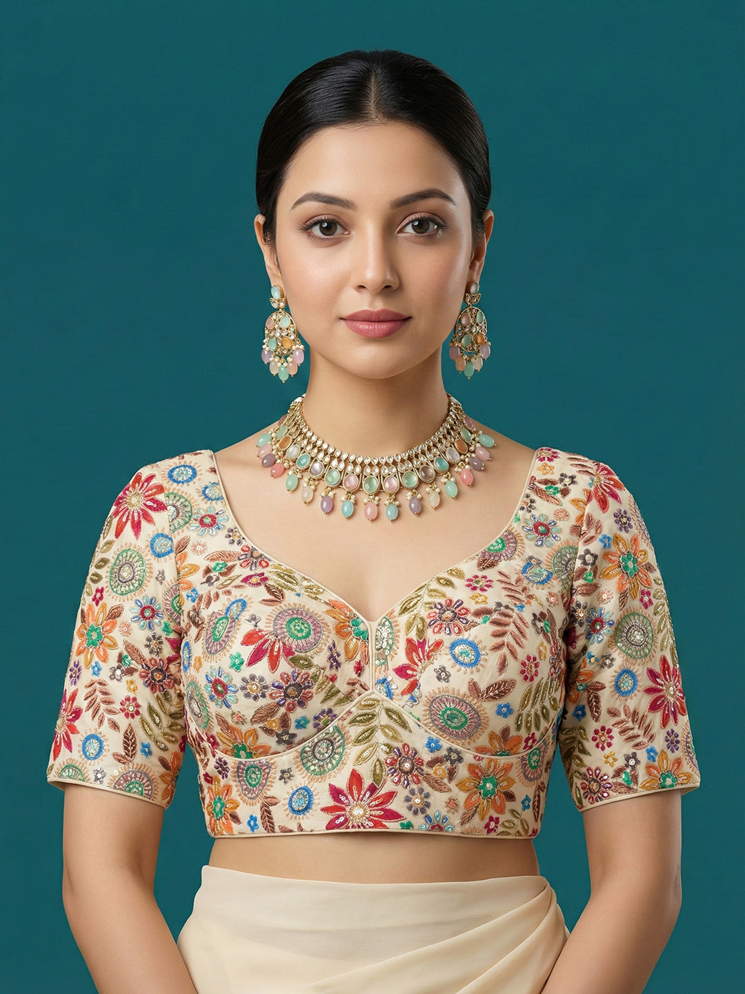 Embroidered Cream Saree Blouse