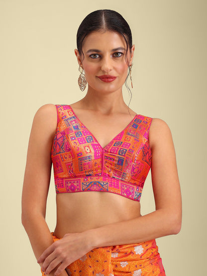 Woven Light Pink Multi Colour Design Saree Blouse