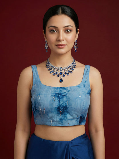 Tie-Dye Navy Blue Embroidered Saree Blouse