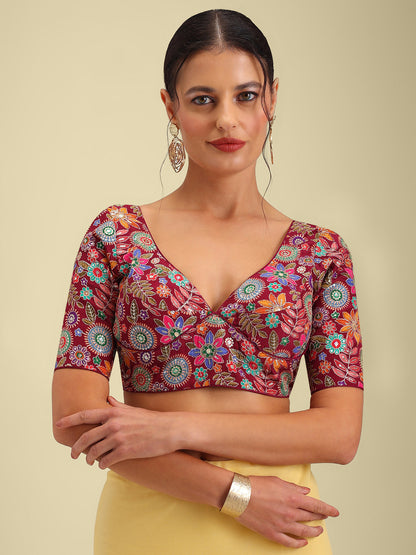 Embroidered Maroon Saree Blouse