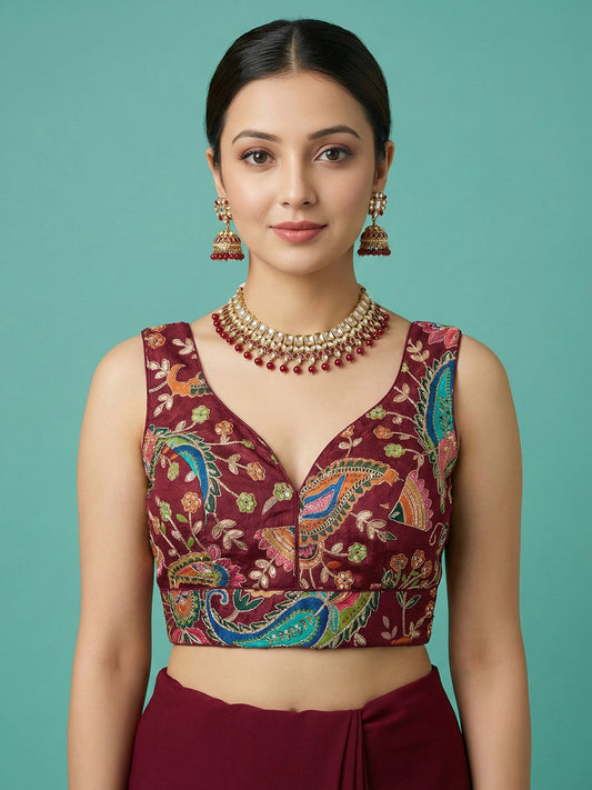 Designer Maroon Embroidered Saree Blouse