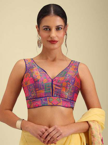 Woven Navy Blue Multi Colour Design Saree Blouse