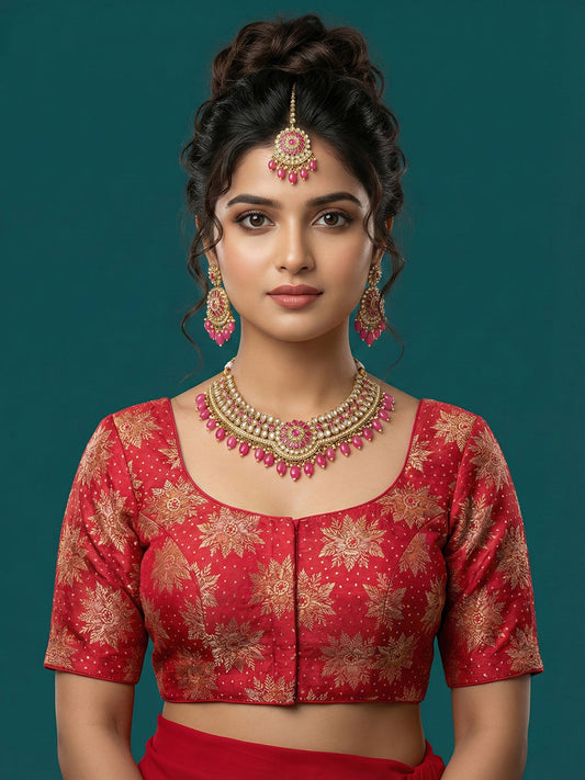 Satin Deep Red Brocade Blouse
