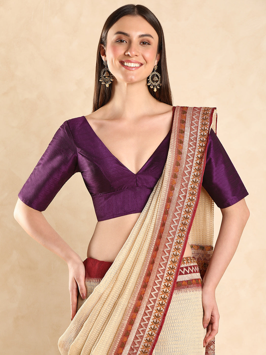Padded V Neck Silk Saree Blouse