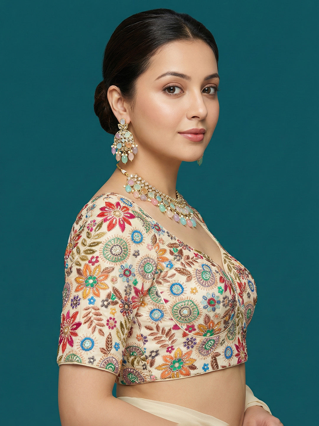 Embroidered Cream Saree Blouse