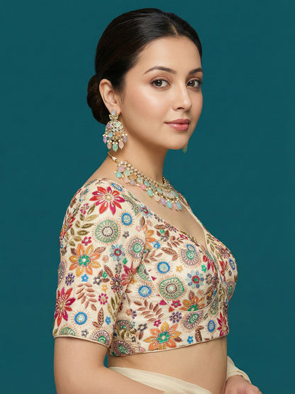 Embroidered Cream Saree Blouse