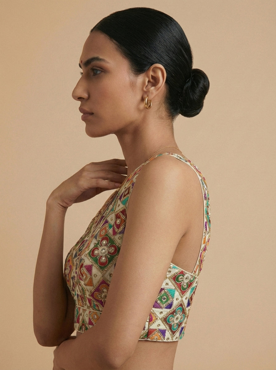 Viraasat Cream Embroidered Designer Saree Blouse