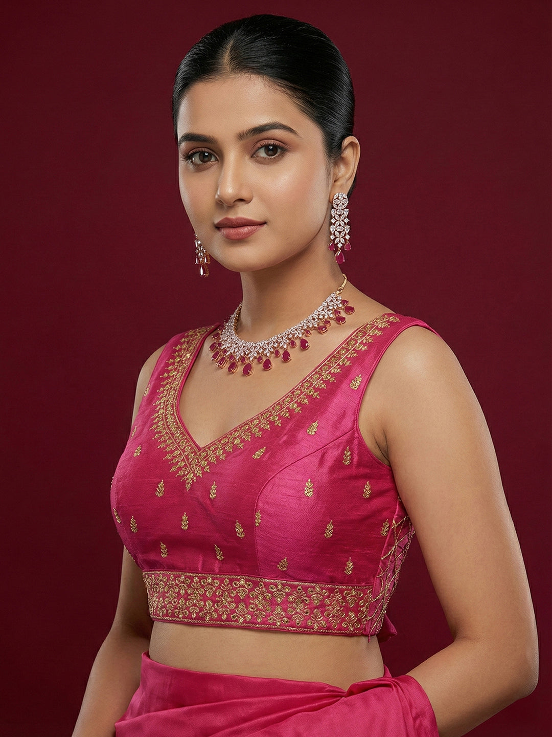 Silk Embroidered Dark Rani Saree Blouse